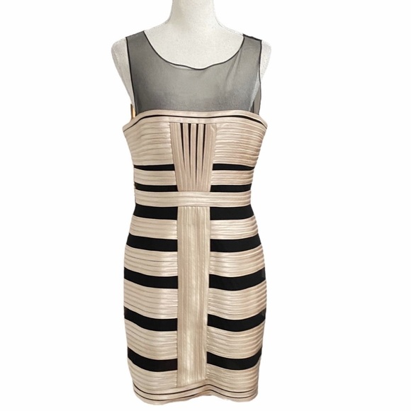 Bcbgmaxazria BRENDA BLACK CHAMPAGNE MESH SATIN BANDAGE COCKTAIL FORMAL DRESS - Picture 1 of 11